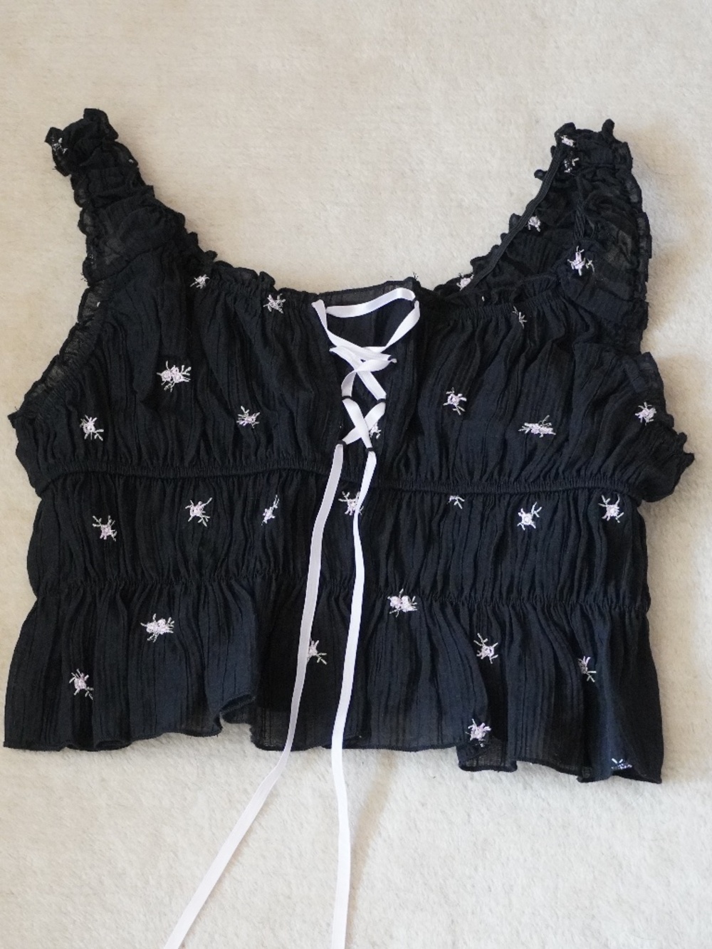 Black Floral Frilled Tank Top